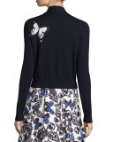 Butterfly-Appliqué Tie-Neck Cardigan, Navy