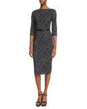 3/4-Sleeve Belted Sheath Dress, Black/Optic White