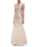 Sleeveless Ruched Satin Gown, Champagne