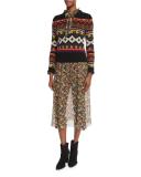 Long Ruffled Tie-Neck Floral-Print Silk Dress, Black/Multi