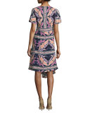 Short-Sleeve Asymmetric Printed Silk Dress, Black/Multicolor