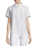 Reyn Short-Sleeve Split-Neck Blouse, Blue Glass