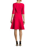 3/4-Sleeve Split-Neck Dress, Hot Pink