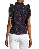 Mia Floral-Print Sleeveless Ruffle Top, Navy