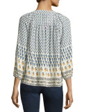Sonoma 3/4-Sleeve Paisley Silk Top, Faded Sky