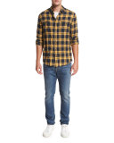 Frayed-Edge Plaid Western Shirt, Blue/Yellow
