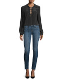 Lace-Up Silk Blouse, Noir