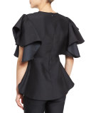 Ruffled Short-Sleeve Peplum Blouse, Black