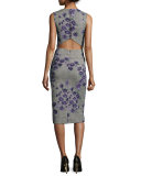 Sleeveless Floral-Embroidered Tweed Sheath Dress, Black/Iris