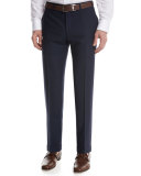 Solid Wool Flat-Front Pants, Blue