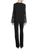 Weslee Long-Sleeve Embroidered Silk Blouse, Black