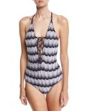Striped Knit Lace-Up One-Piece Swimsuit, Denim Ombre (Blue)