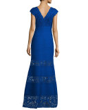 Cap-Sleeve Pintucked Lace-Panel Gown