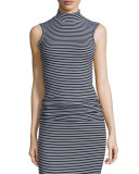 Sleeveless Striped Fitted Mock-Neck Top, Black/White