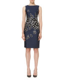 Floral Sleeveless Bateau-Neck Sheath Dress, Navy/Black/White