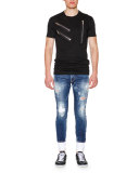 Zipper-Detail Crewneck Short-Sleeve Tee, Black