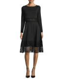 Lace-Panel Long-Sleeve Dress, Black