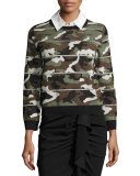 Alpha Striped Metallic Camo Jacquard Sweater, Green