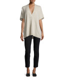 Oversized V-Neck Short-Sleeve Sweater, Light Heather Marzipan