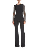 Beaded-Sleeve Flared Jumpsuit, Black