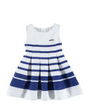 Sleeveless Pleated Striped Floral Jacquard Dress, Blue/White, Size 3-7