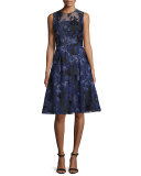 Sleeveless Beaded Floral Jacquard Dress, Navy