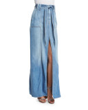 Long Belted Denim Maxi Skirt, Amalfi Sea
