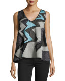 Sleeveless Geometric Lurex Intarsia Swing Top, Ice