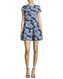 Short-Sleeve Floral-Print Party Dress, Navy/Optic