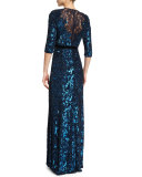 3/4-Sleeve Sequined Gown, Petrol