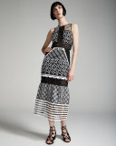 Sleeveless Mesh-Inset Midi Dress, Black/White