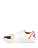 Belted-Toe Leather Sneaker, White/Coral/Ocean