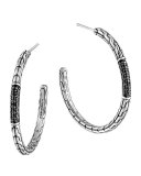 Classic Chain Medium Silver Hoop Earrings with Black Sapphires