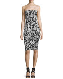 Strapless Floral Jacquard Party Dress, Black/White