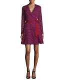 Shaelyn Lace Long-Sleeve Wrap Dress, Purple Amethyst/Red Onyx