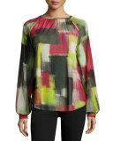 Cubism Ruched-Neck Printed Blouse, Multi 