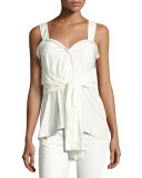 Sleeveless Tie-Front Sweetheart Poplin Top, White