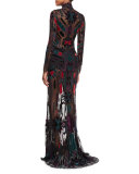 Long-Sleeve Illusion Gown, Black Pattern