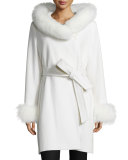 Felt Fur-Trim Wrap Coat, White