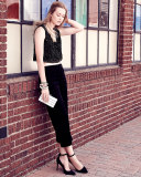 Embellished Floral-Embroidery Crop Top, Black/Black