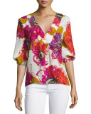 Bubble-Sleeve Floral Silk V-Neck Top, Multicolor