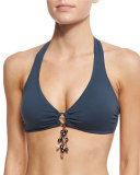 Tassel-Ring Halter Swim Top, Blue Graphite