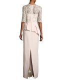 Lace Bodice Peplum Column Gown 
