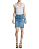 Denim Mini Skirt W/Released Hem, Blue