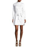 Long-Sleeve Belted Sateen Shirtdress, White
