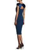 Cap-Sleeve Crossover Velvet-Trimmed Sheath Dress, Galaxy Blue