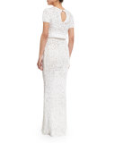 Short-Sleeve Round-Neck Crochet Gown, Ivory
