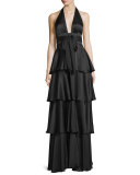 Tiered Satin Halter Gown, Black