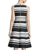 cape striped sateen dress, black/cream