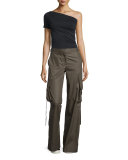 One-Shoulder Stretch-Knit Tee, Black